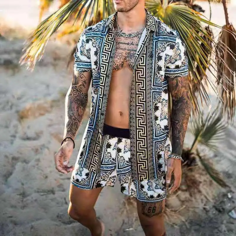 2021 New Fashion Men Sets National Style Hawaiian printing Mens Short Sleeve Set Summer Casual Floral Shirt Beach Two Piece Suit