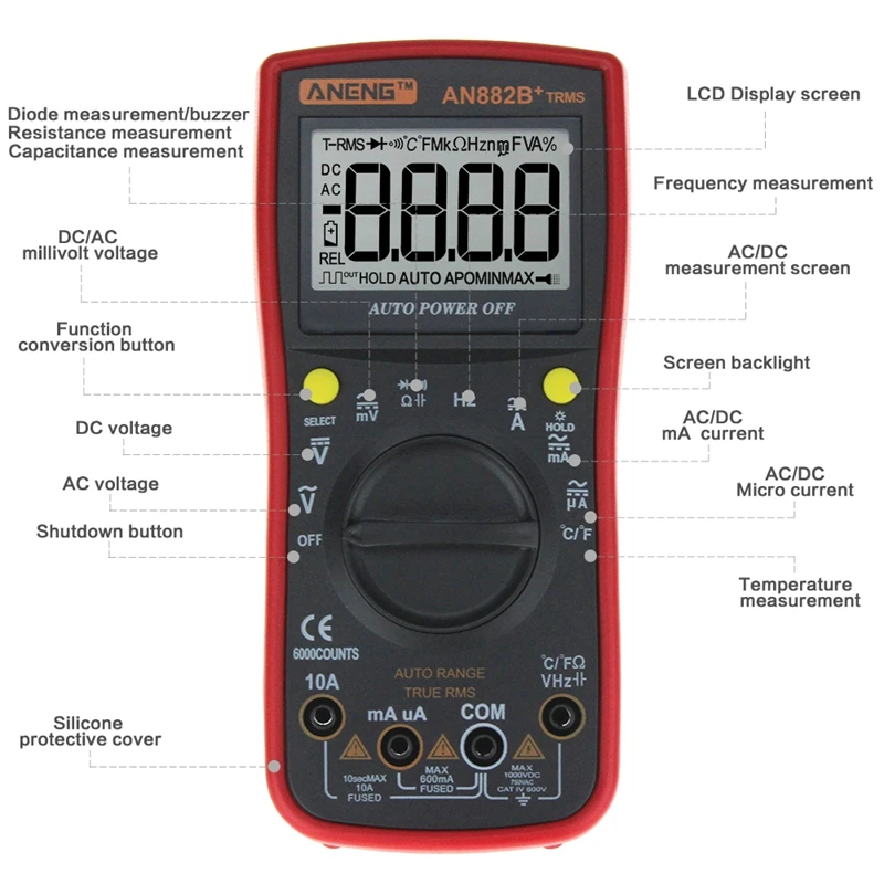ANENG AN882B+ TURE RMS цифровой мультиметр Авто NCV AC DC авто LCR вольтметр тестер темпратура тестер непрерывности [красный]