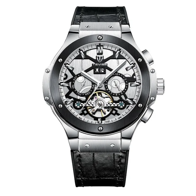 Модные TEVISE automatic Tourbillon Мужские механические часы Топ календарь бренда Кожаный Ремень Роскошные водонепроницаемые наручные часы с турбийоном - Цвет: Black-Silver-Black