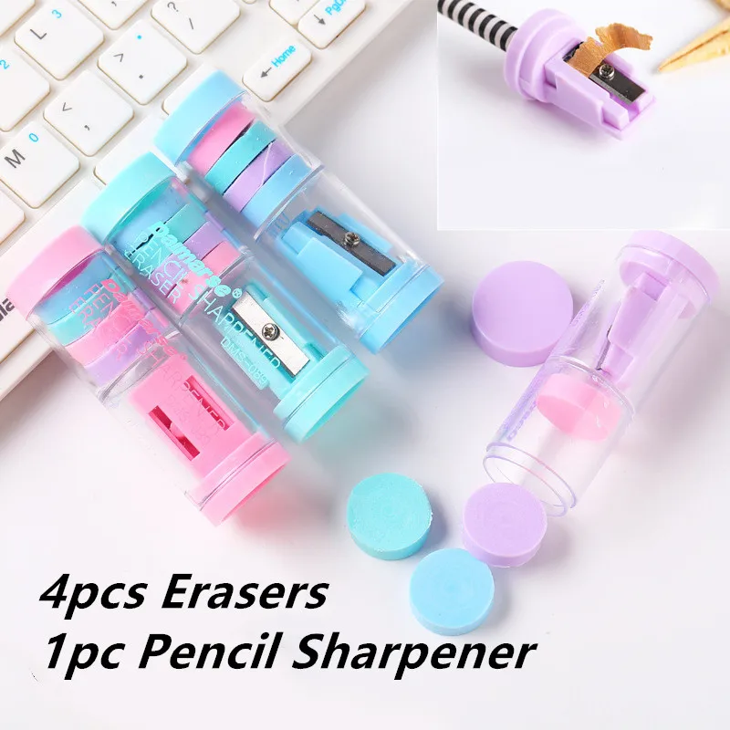 

Mini Pencil Sharpener and 4pcs Erasers Creative Stationery Environmental Pencil Sharpener Style Color Random