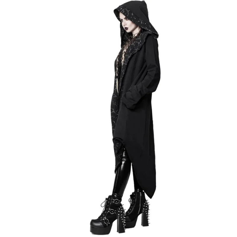 Imily Bela Gothic Trench Long Women Winter Open Stitch Printed Hooded Black Trench Coat Asymmetric Casual Loose Long Cardigan