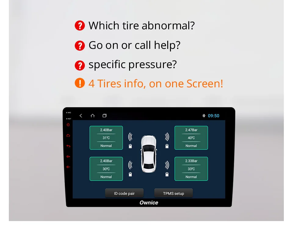Ownice Android 8,1 USB TPMS сигнализация для контроля давления в шинах с 4 внешними/внутренними датчиками для автомобилей Радио транспортных средств