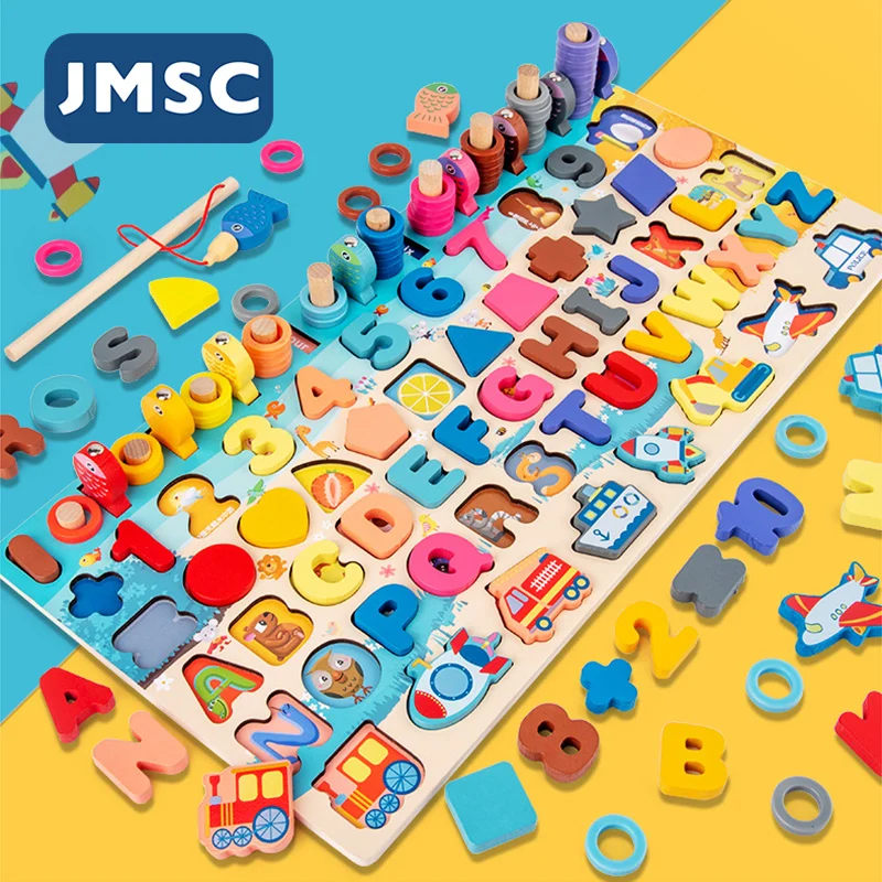 Jmsc bebê montessori brinquedos educativos de madeira crianças aprendizagem precoce forma cor matemática correspondência log board pesca quebra-cabeça contagem número