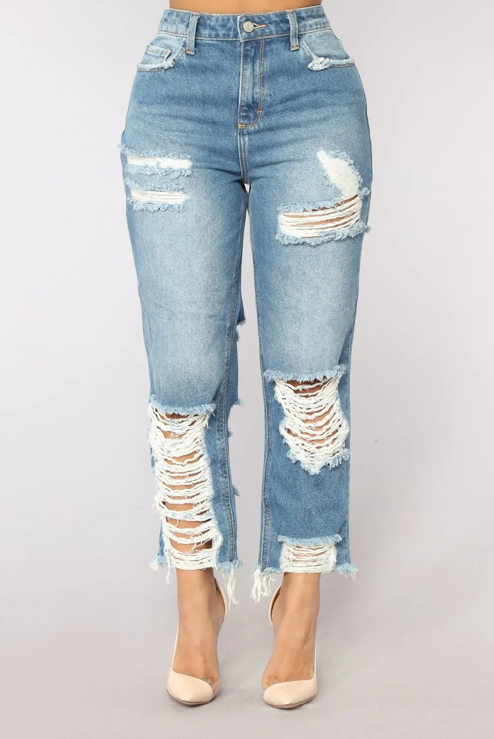 

Fashion Zipper Fly Ankle-length Trouser Hole Pockets Skinny Jeans Patchwork Casual Comfortable Woman Pants