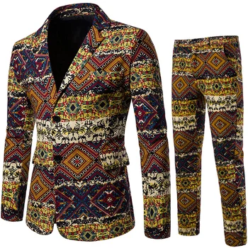 

2019 New Male (Jacket+Pants) Casual Men's Suits National Style Printing Blazers Two Piece Set Groom Wedding Dress Prom Party