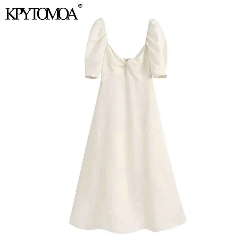 

KPYTOMOA Women 2020 Chic Fashion With Knot Detail Midi Dress Vintage V Neck Puff Sleeve Back Zipper Female Dresses Vestidos