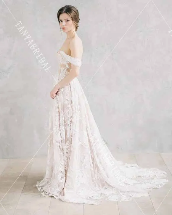 Романтическое сказочное розовое кружевное свадебное платье с открытыми плечами, ТРАПЕЦИЕВИДНОЕ свадебное платье с подкладкой цвета шампанского, модное Vestido de Noivas ZW232