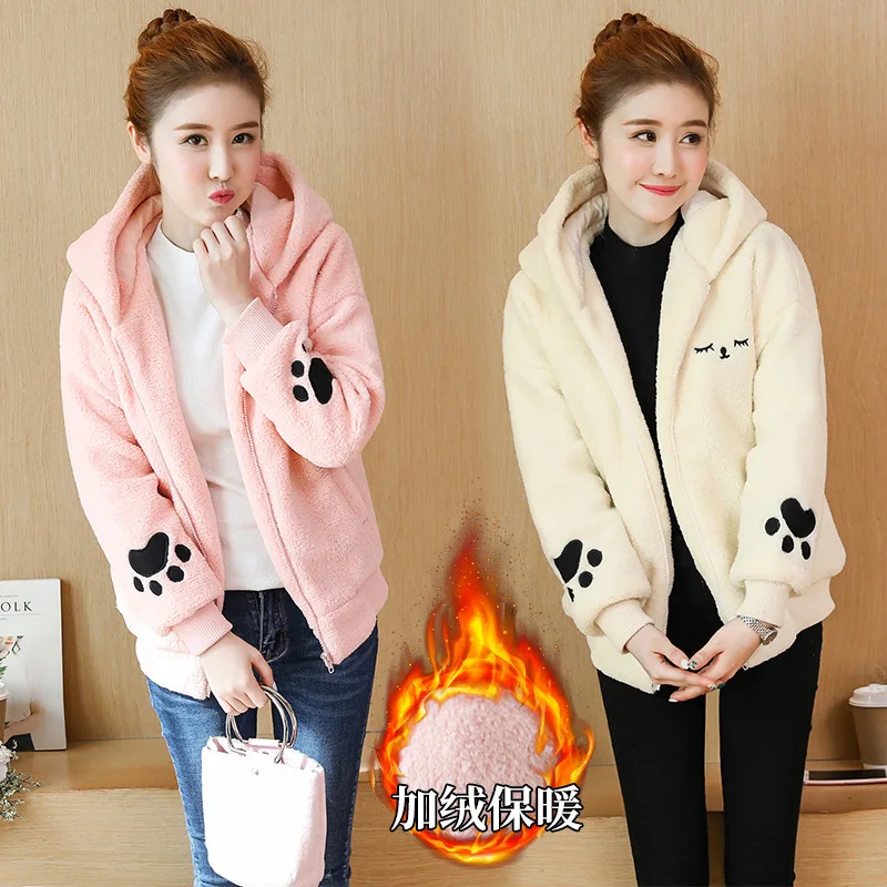 

Y11288 Short Lambs Wool Rabbit Eared Coat Women's Thick Korean-style Velvet Students Loose-Fit BF Cotton Coat