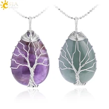 CSJA Albero della Vita Collana di Pietra Naturale Del Pendente di Colore Dell'oro Wire Wrap Gemma Rosa Quarzo Occhio di Tigre Avventurina Verde Sospensione e585