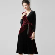 Высококачественное бархатное платье для женщин, шелковое Смешанное платье с перекрестным дизайном, v-образный вырез, высокая талия, длинные рукава, платья, модный стиль