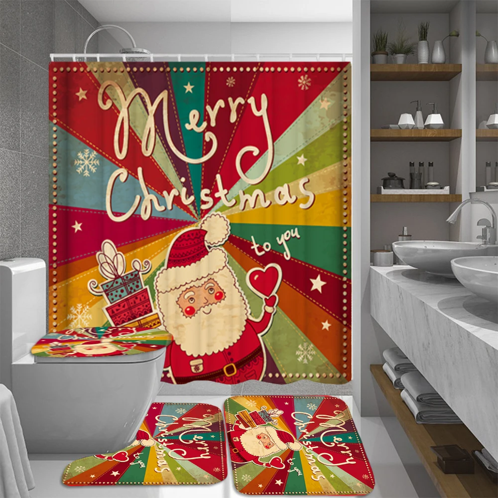E 4PCS Merry Christmas набор для ванной, снеговик, Санта, лось, узор, водонепроницаемый, занавеска для душа, крышка для туалета, коврик, нескользящий, ковер, домашний декор - Цвет: E 4PCS