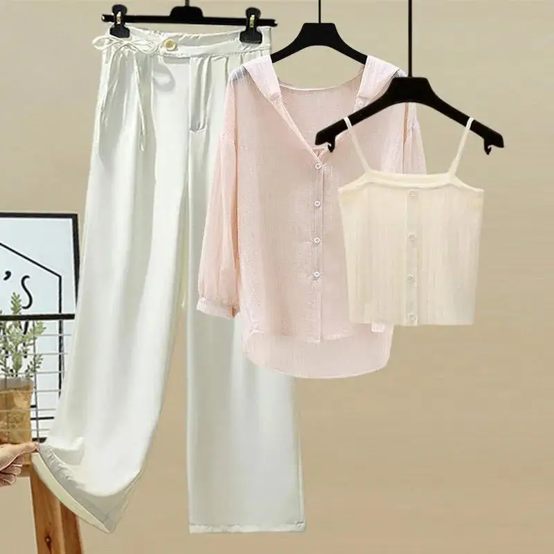 

Plus Size Women's 2021 New Summer Korean Casual Shirt + Sun Protection Vest + Slim Trousers Three-piece Suit