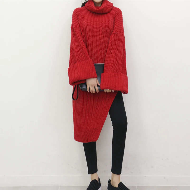Korean Irregular Turtleneck Sweater Dresses Women 2019 Autumn Pullover Long Sleeve Female Knit Dress Winter Casual Loose | Женская