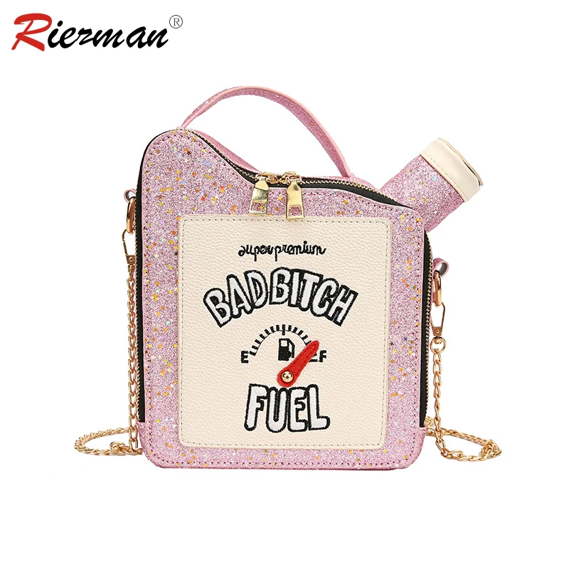 

RIEZMAN Women Shoulder Bag Handbag Personality Embroidery Letters Oil Bottle Shape Ladies Messenger Bag Clutch Bag Totes Purse
