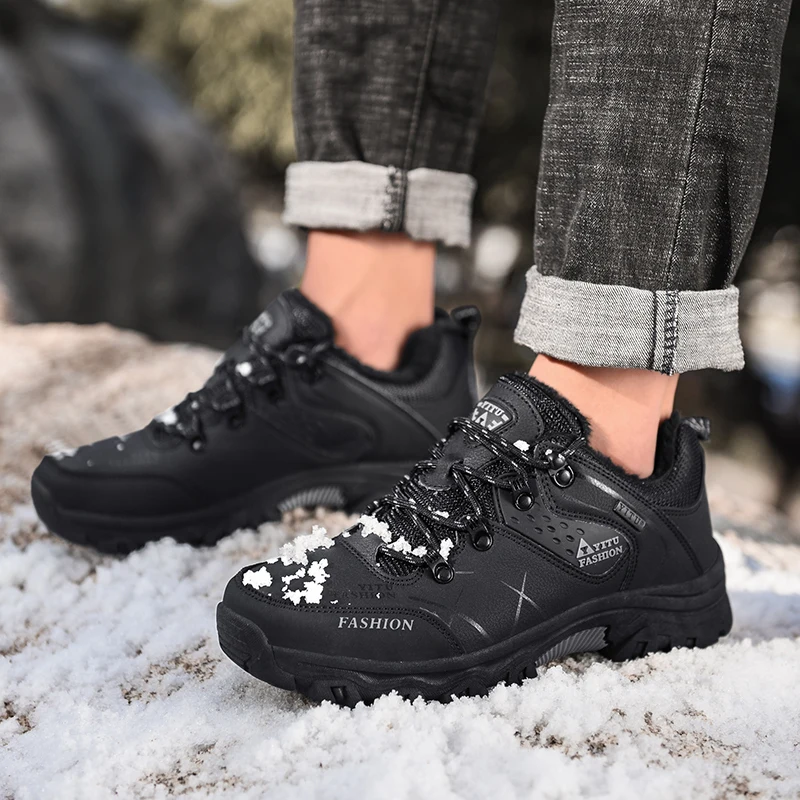 Classic Winter Mens Snow Boots Plush Warm Mens Ankle Boots Outdoor Non-slip Male Hiking Boots Waterproof Leather Sneakers 39-47