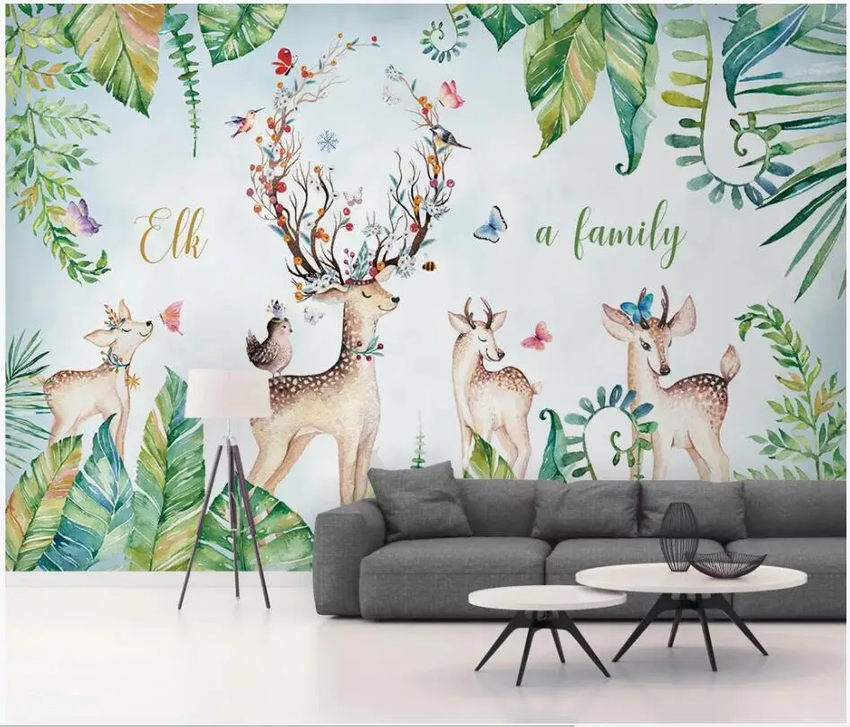 

WDBH custom mural 3d photo wallpaper European-style hand-painted banana leaf elk home decor living room wallpaper for walls 3 d