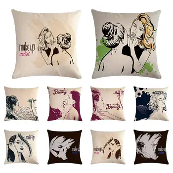 

Cartoon women's makeup cushion cover eyebrow drawing lipstick holding pillow cover linen sofa chair fashion decoration 45x45cm