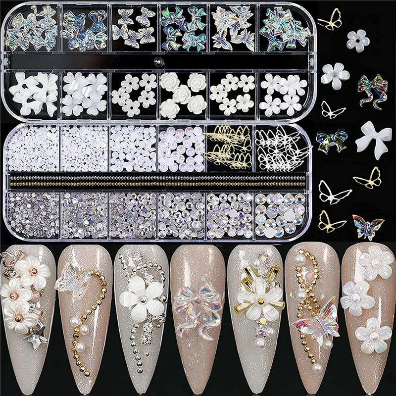 Acrylic Mixed Size Resin Flower 3D Nail Charms Gold Rhinestones Crystals Stones Gems Metal Ball Kawaii DIY Decoration | Красота и