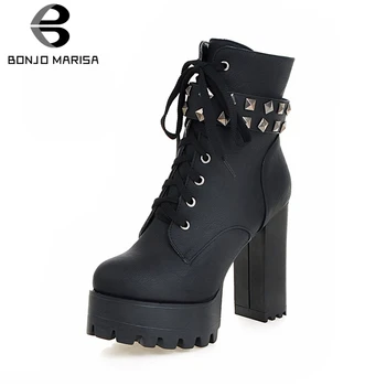 

BONJOMARISA New Plus Size 33-48 Cool Rivet Motorcycle Boots Women 2020 Winter Warm Fur Booties Platform High Heels Shoes Woman