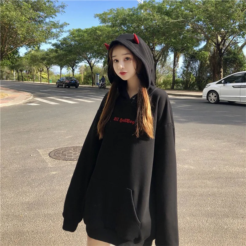 Harajuku Devil Wing Hooded Women Fleece Sweatshirt Casual Loose Long Sleeve Hoodies Sweatshirt Fema