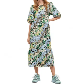 

ZA Flowers Summer Dress Women 2020 Puff Short-sleeve O-neck Back Opening Female Flounce Plus Size Elegant Midi Dresses Vestidos