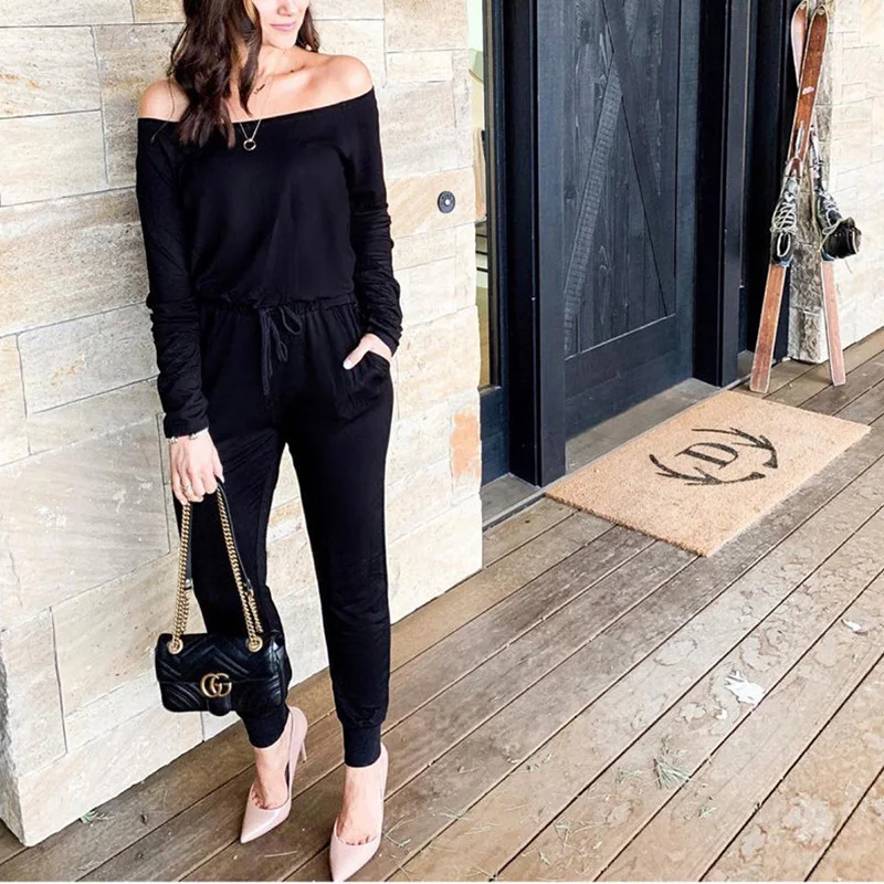 

Sexy Off Shoulder Women Casual Black Jumpsuits Autumn 2019Long Sleeve Strapless Lace Up Navy Blue Office Ladies Rompers Jumpsuit