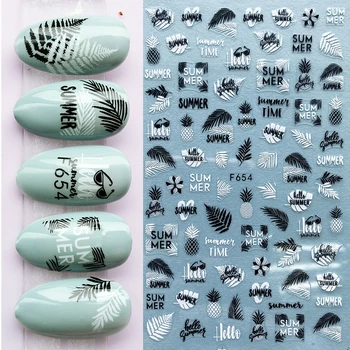 

1pc Summer 3D Stickers for Nails Designs Laser Black White Flower Leaf Series Decorations Sliders Nail Art Sticker Decals