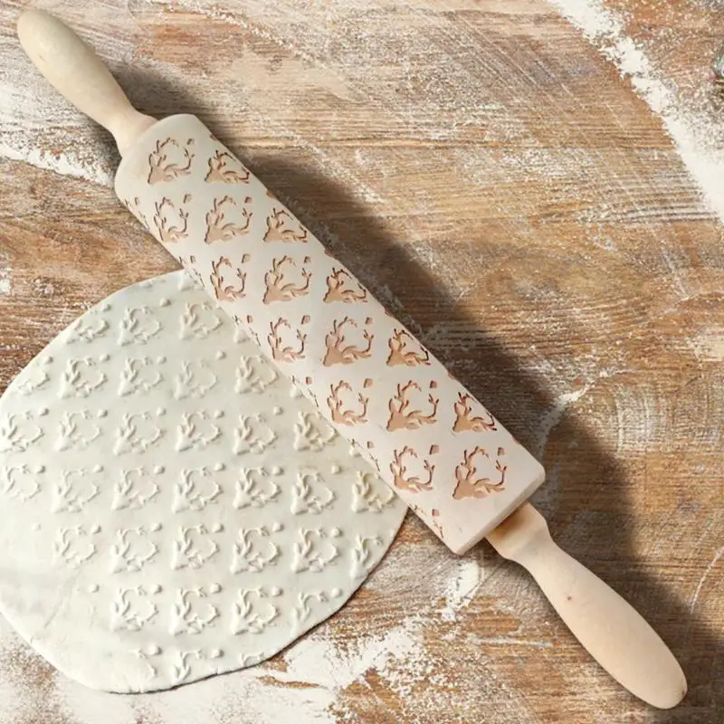 

Christmas Wooden Patterned Rolling Pin Embossing Baking Cookies Noodle Biscuit Fondant Cake Engraved Roller Reindeer Snowflake