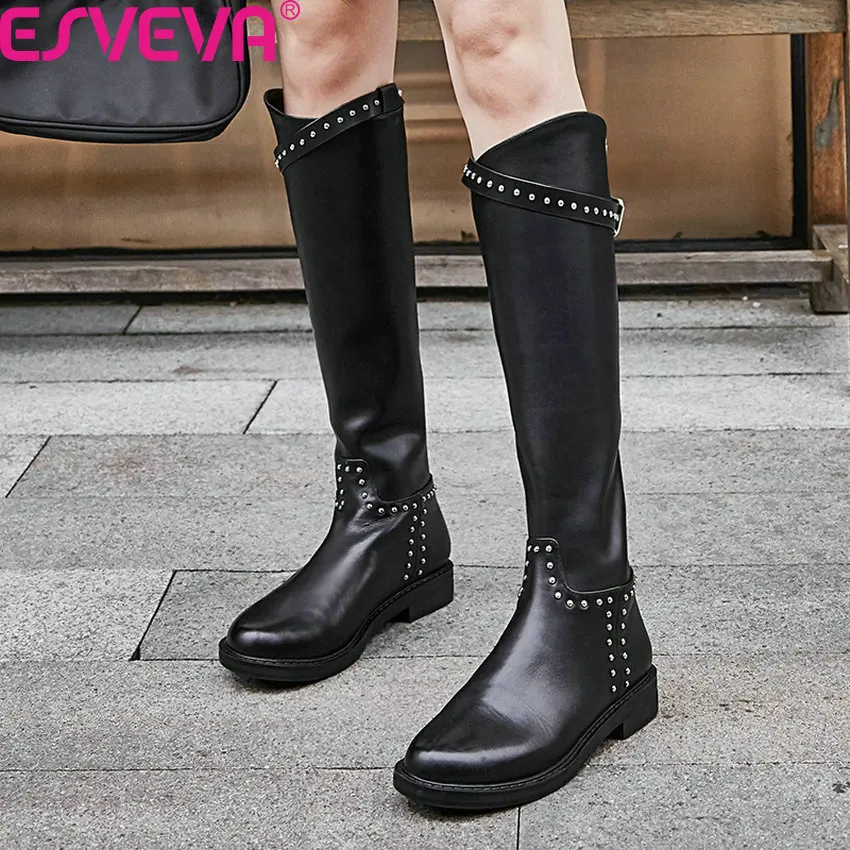 

ESVEVA 2020 Fashion Rivet Cow Leather PU Square Heel Women Shoes Round Toe Buckle Zipper Autumn Winter Knee High Boots Size34-42