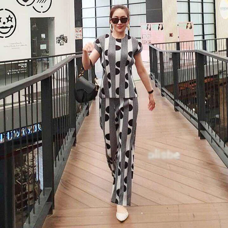 Miyake fold/ летний костюм без рукавов с круглым вырезом большого размера женский топ в горошек с принтом+ прямые штаны костюм из двух предметов