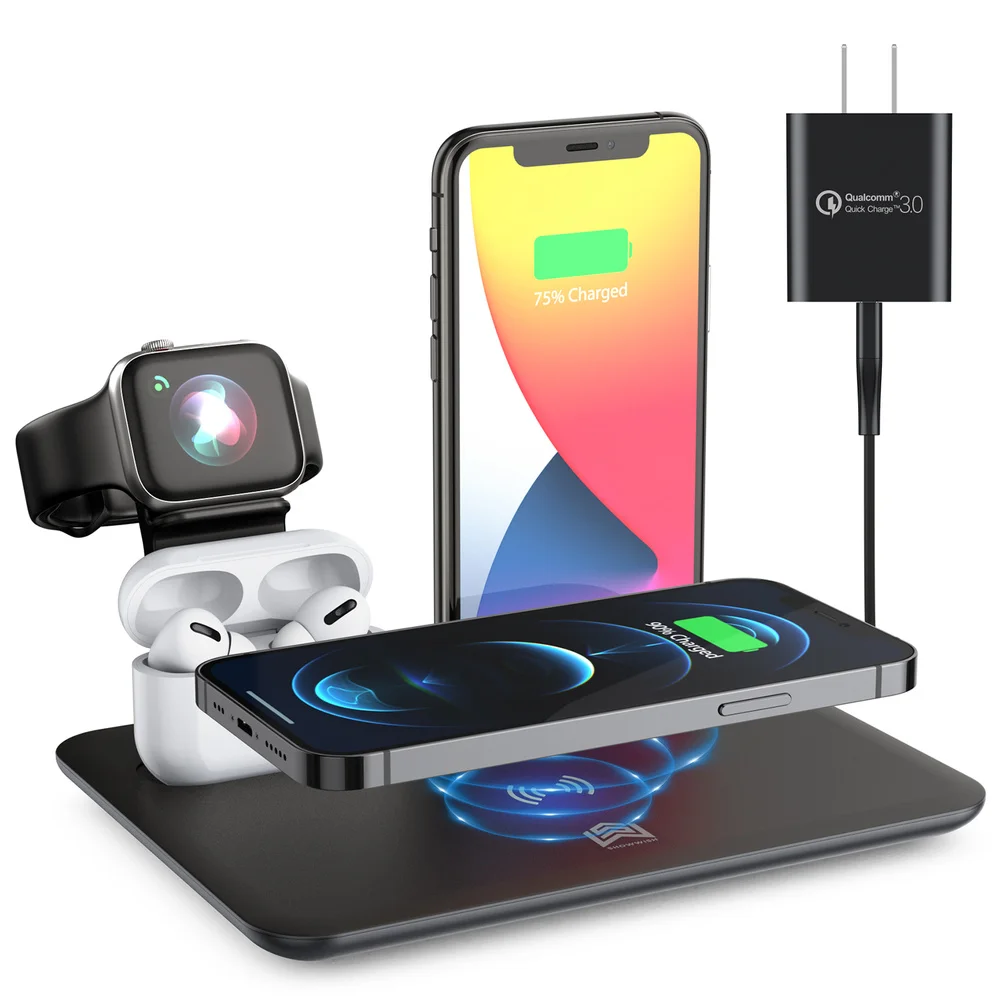 15W Fast Wireless Charger Stand For iPhone 11 12 XR X 8 Apple Watch 4 in 1 Foldable Charging Dock Station for Airpods Pro iWatch
