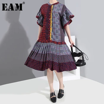

[EAM] Women Pattern Printed Pleated Temperament Dress New Round Neck Short Sleeve Loose Fit Fashion Spring Summer 2020 1S541