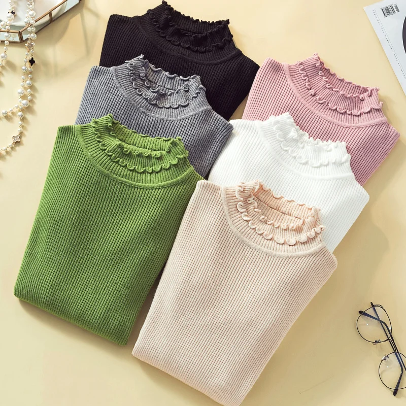 

New Women Knitted Ruffles Turtleneck Full Sleeve Sweaters Pullovers Female Knitting Soft Sweater Top for Female Autumn Winter