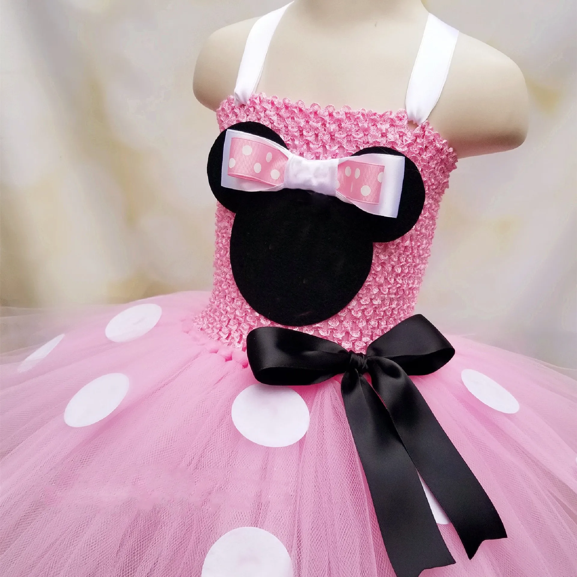 Cute Girls Pink Mickey Minnie Tutu Dress Baby Crochet Dress with White Dots and Hairbow Kids Party Cosplay Cartoon Costume
