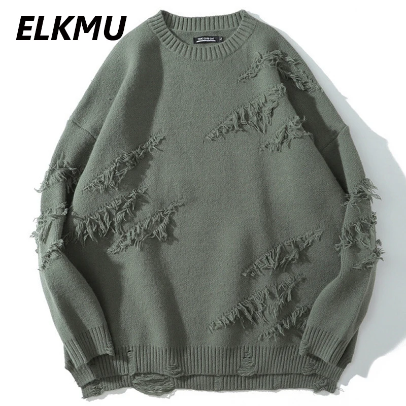 Зелёные свитера ELKMU Мужская Уличная одежда в стиле Харадзюку потертый вязаный