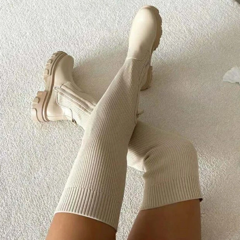 Ladies Knee High Boots Womens Thick Heel Slim Winter Plus Velvet Stretch Boots High Heel Large Size Suede Plus Size
