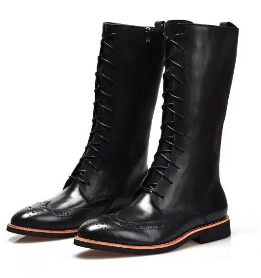 

High top genuine leather winter knee-High boots fashion men boots lace up pointed toe Martin boots