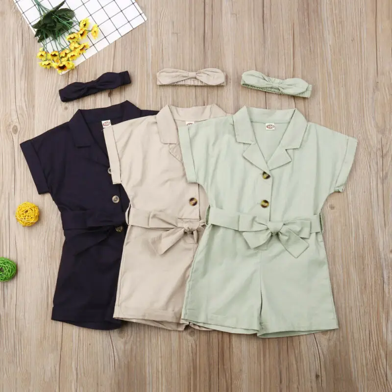 Комплекты одежды для маленьких девочек в английском стиле комбинезон с бантом на поясе и короткими рукавами, комбинезон на кнопках