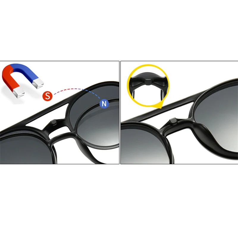 Imixlot 6 In 1 Retro Fashion Round Polarized Optical Frame Magnetic Clip on Sunglasses Unisex Ultra-Light Night Vision Glasses