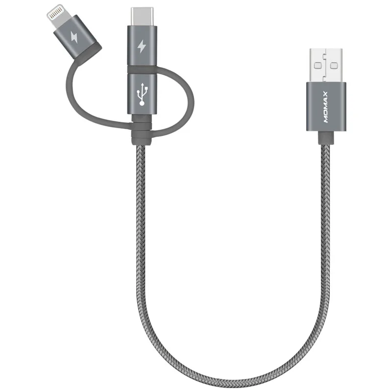 Кабель 3 в 1 Momax DX2 elite(Micro через lightning через USB c-30cm) Сертификация MFI apple три вида интерфейса Быстрая зарядка - Цвет: Deep grey