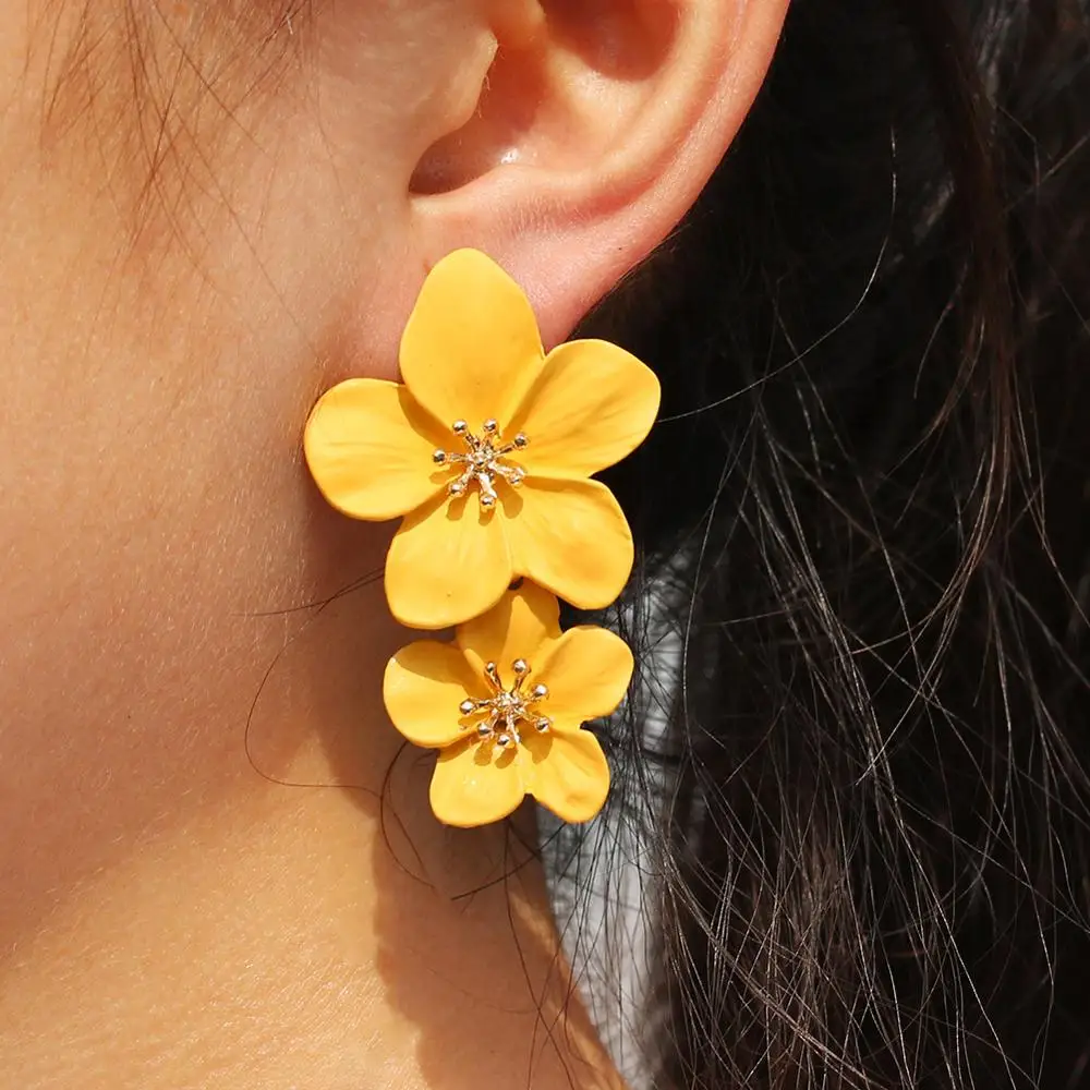 Red Flower Earrings For Women 2020 Double Layers Statement Hanging Pendientes Dangling Fashion Jewelry Yellow Earrings Bijoux bo