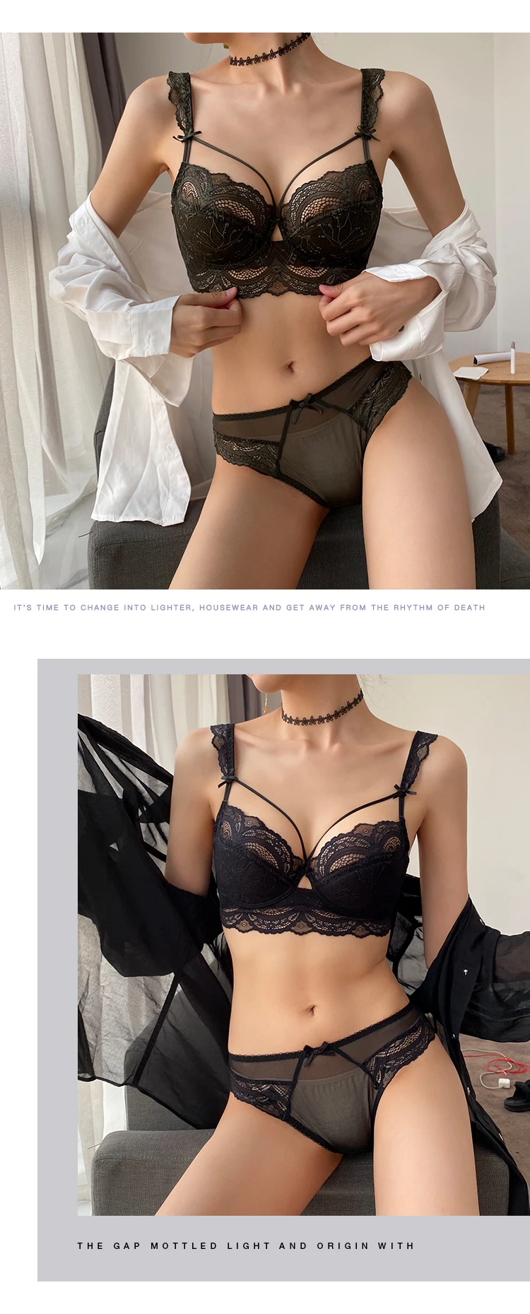 Sexy Ultra-thin Lace Bra Set Classic Black Hollow Underwear Plus Size C D E 90C 95D Cup Brassiere Breathable Embroidery Lingerie bra panty sets