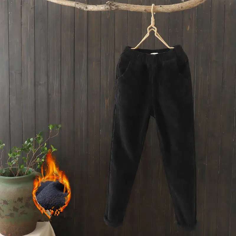 black plus velvet Женские вельветовые брюки размера плюс с эластичной резинкой на талии, женские брюки на осень и зиму, свободные вельветовые штаны-шаровары, длинные женские брюки C5757 - Цвет: black plus velvet