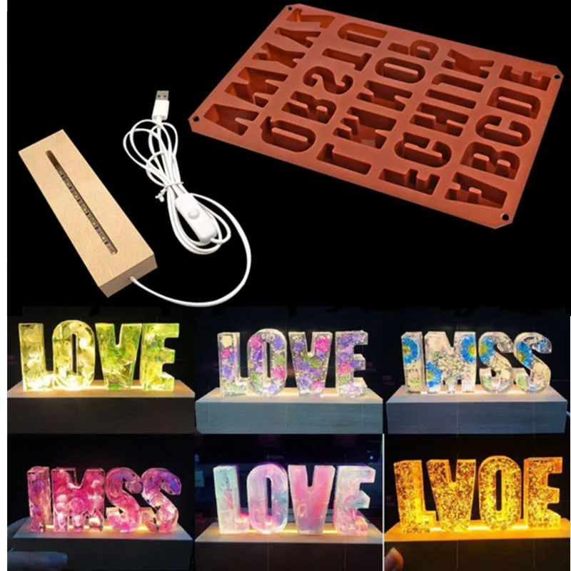 2Pcs Set Silicone Casting Mold Shiny English Letter Small Night Light Lamp Mould Room Decoration Holidays Use Epoxy Resin Molds bookmark epoxy resin mold diy silicone molds holographic light shadow book mark diy casting tool hanging pendant mould 57bd