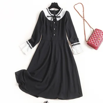 

Women girls preppy style dress new 2020 spring summer black lace bow tie color block white plisse ruffles trim a-line dresses
