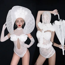 Сценические костюмы для певцов, белый кружевной комбинезон с цветами, Одежда для танцев на шесте, одежда для ночного клуба, диджей, Ds, джаз, наряды на день рождения для женщин DN4972