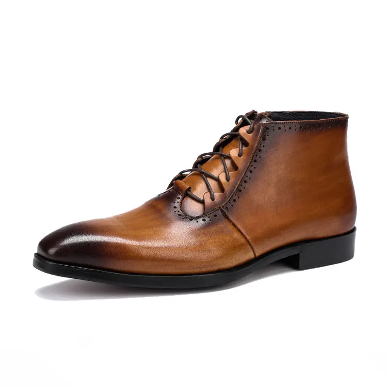 

Fashion Brown Genuine Leather Mens Ankle Boots Zipper Lace Up High Top Dress Shoes Black Casual Business Martins Boots