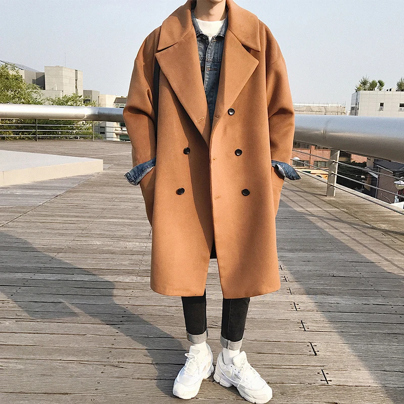 

Winter New Woolen Coat Men Warm Fashion Solid Color Casual British Wind Coat Man Streetwear Wild Loose Long Jacket Male Clothes