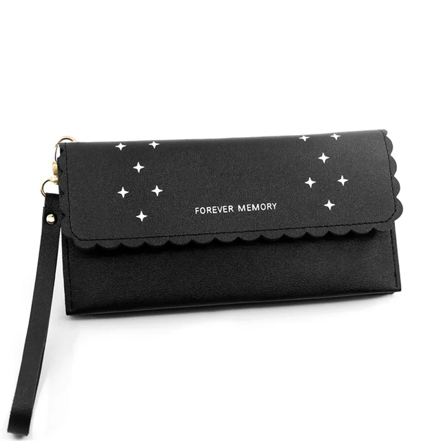 Big Capacity Thin Strap Envelop Design Carteira Gifts Star Pattern Metal Accessories Long Wallet for Woman Shopping Pocket Bag Black