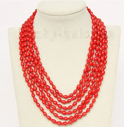 818 16"-21" 6row 5X8mm drip red coral necklace